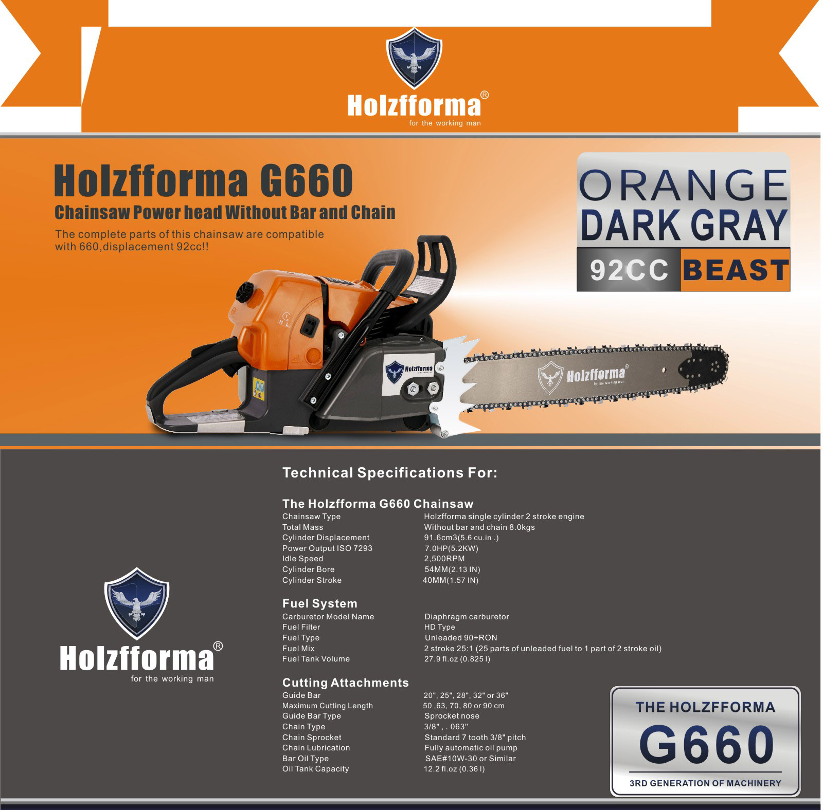 Chainsaw Holzfforma® G660 92cc (without blade and chain) ORANGE